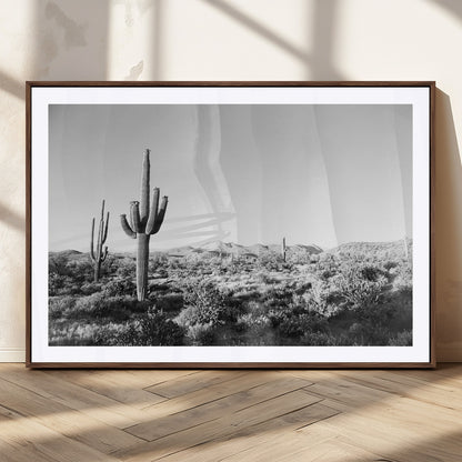85205054-MGC-FP-36x24_Walnut-Saguaro Cactus Wall Art Canvas Print, Framed Monochrome Landscape Art Picture Print, Scenic Arizona View Perfect Minimalist