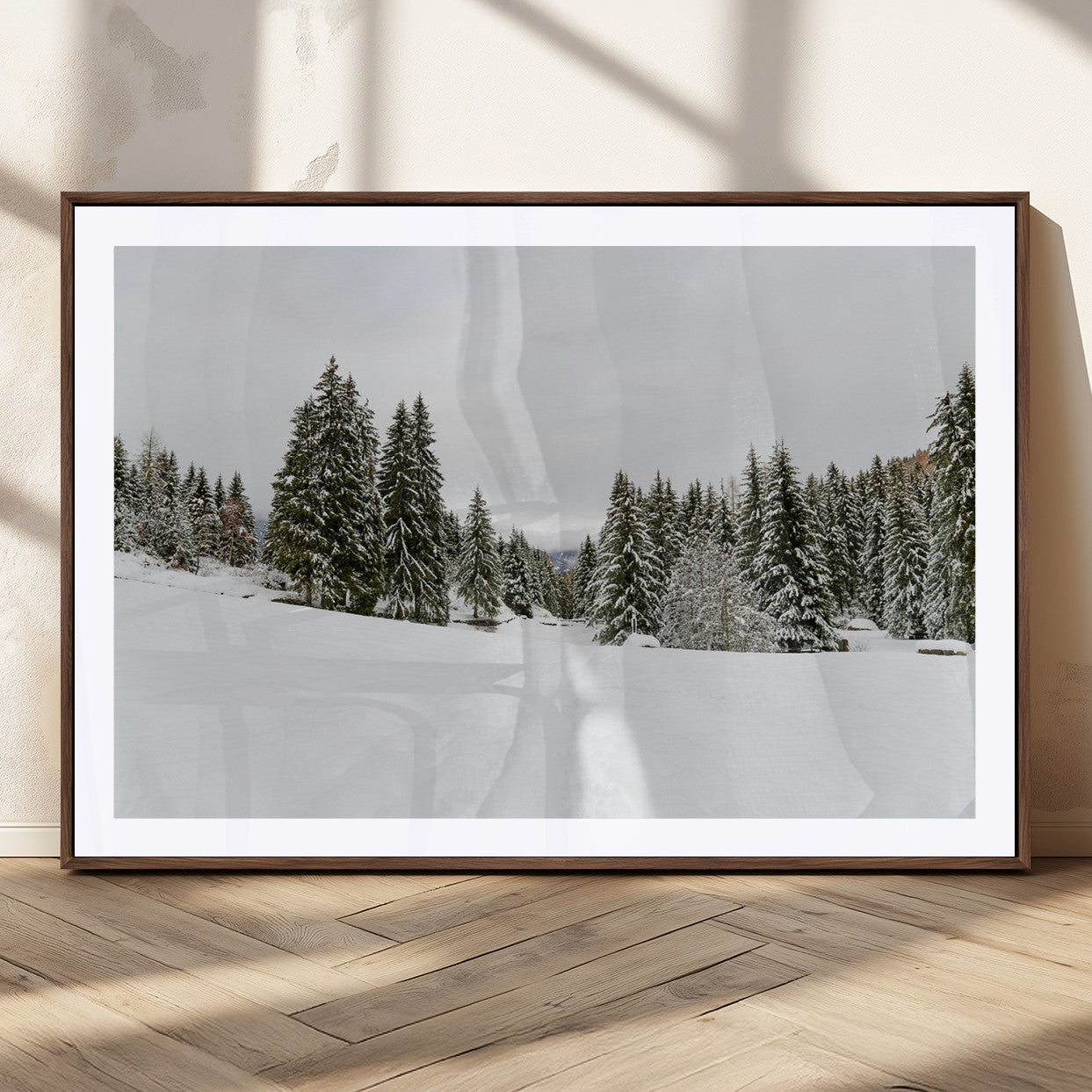 24581417-MGC-FP-36x24_Walnut-Frosty Pines Wall Art Canvas Print, Framed Silent Snowfall Art Picture Print, Cozy Cabin Vibes Perfect Nordic Minimalist Decor