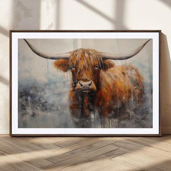 X61001-MGC-FP-36x24_Walnut-Scottish Highland Wall Art Canvas Print, Framed Longhorn Art Picture Print, Western Cow Perfect Farmhouse Decor Artwork