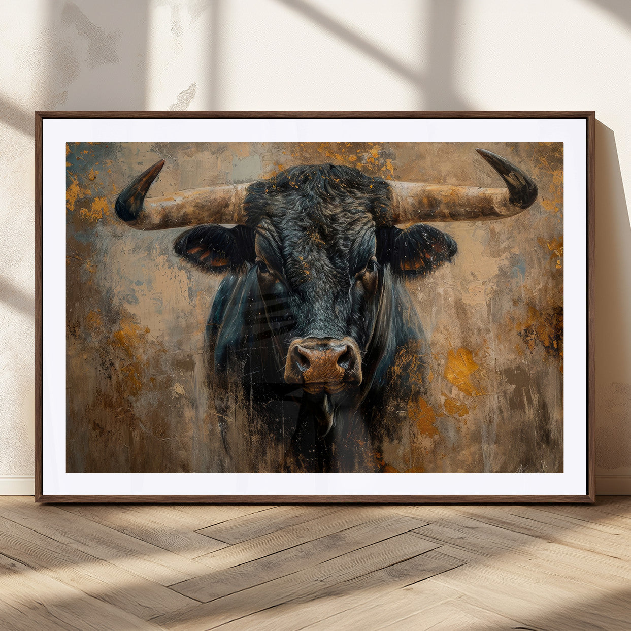 91615410-MGC-FP-36x24_Walnut-Bull Wall Art – Rustic Western Longhorn Canvas Print, Powerful Abstract Animal Painting, Farmhouse Ranch Decor for Living Room,