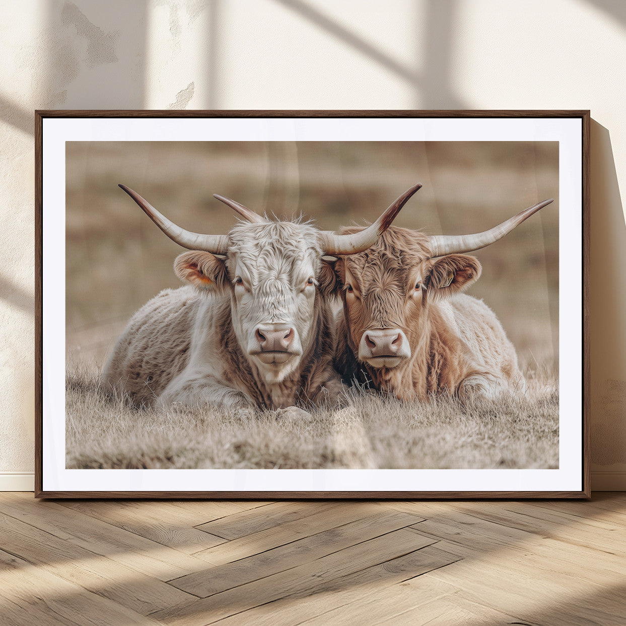 38651722-MGC-FP-36x24_Walnut-Cow Wall Art – Rustic Longhorn Pair Canvas Print, Western Farmhouse Animal Painting, Country Ranch Decor for Living Room, Bedroom,