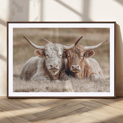 38651722-MGC-FP-36x24_Walnut-Cow Wall Art – Rustic Longhorn Pair Canvas Print, Western Farmhouse Animal Painting, Country Ranch Decor for Living Room, Bedroom,