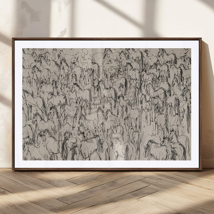 12358908-MGC-FP-36x24_Walnut-Horse Herd Sketch Wall Art – Abstract Wild Horses Line Drawing Canvas Print, Rustic Western Style Equestrian Decor for Living
