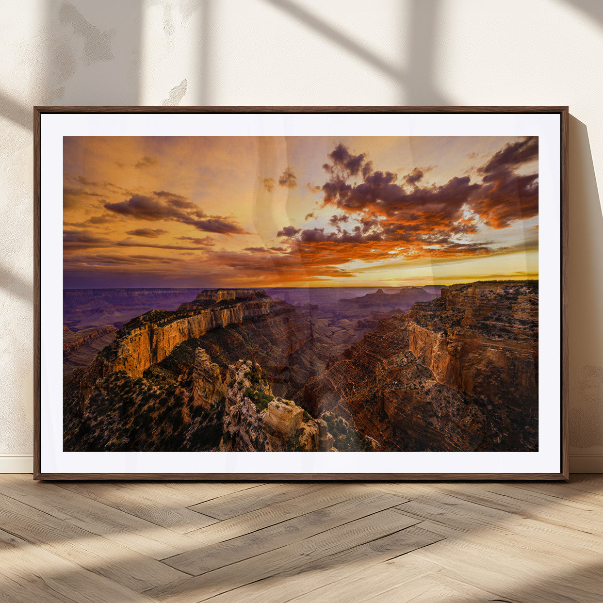 75573843-MGC-FP-36x24_Walnut-Grand Canyon Sunset Wall Art – Panoramic Canyon Landscape Canvas Print, Dramatic Desert Cliffs Artwork, Nature Inspired Scenic