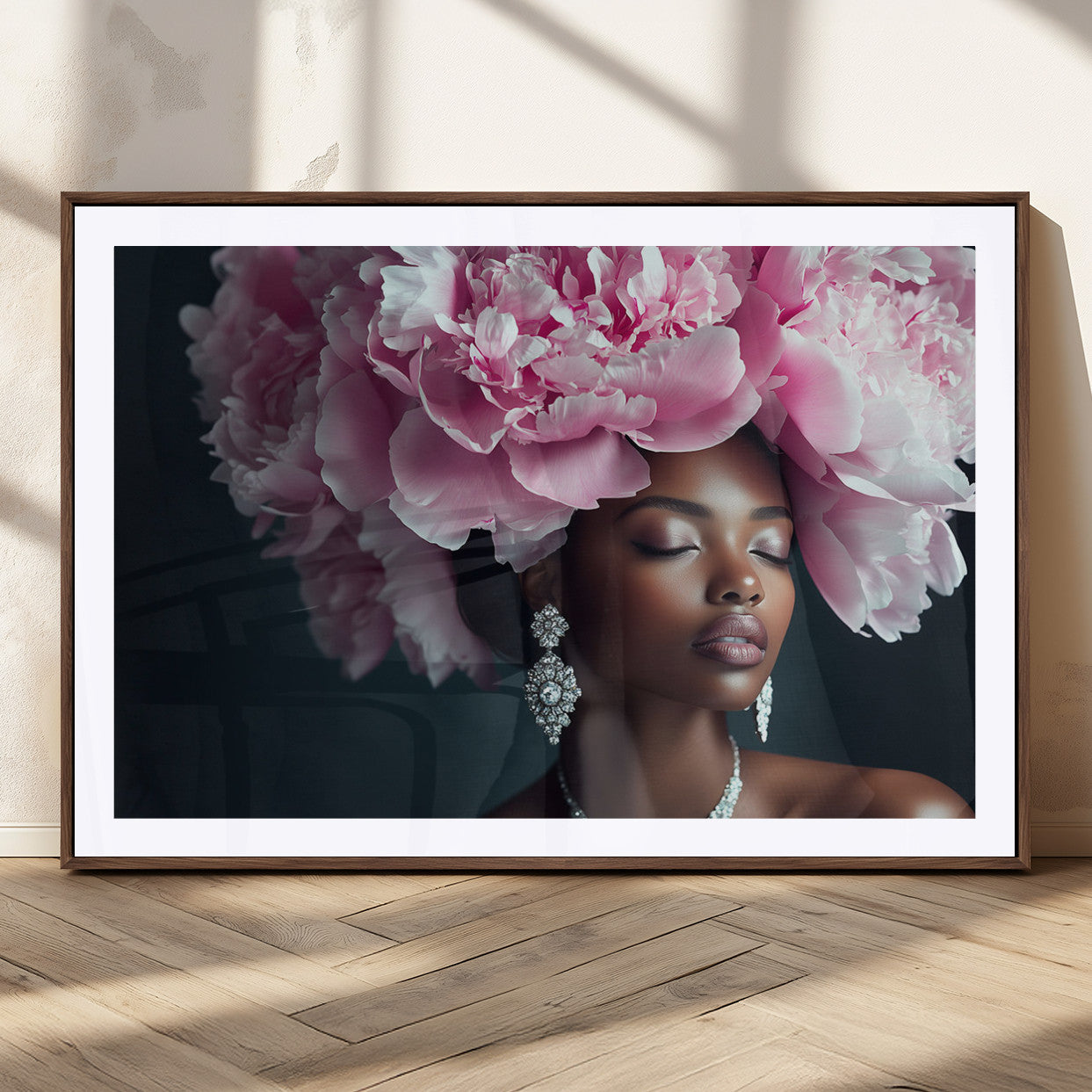 35482880-MGC-FP-36x24_Walnut-Floral Portrait Wall Art – Elegant Woman with Pink Peony Headpiece Canvas Print, Luxury Fashion Inspired Artwork, Modern Glam