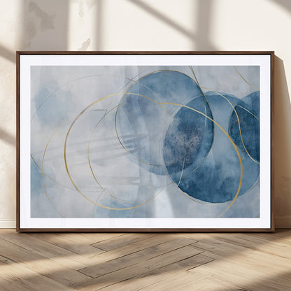 47060443-MGC-FP-36x24_Walnut-Blue Abstract Circle Wall Art – Modern Gold and Navy Canvas Print, Minimalist Geometric Painting for Living Room, Bedroom, Office