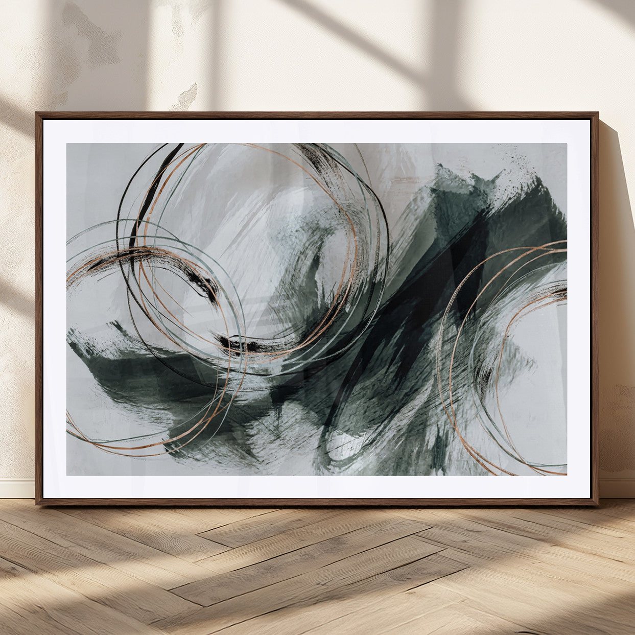 86583265-SEG-FC-90X60_Oversize_Oversize-Black and Gray Abstract Wall Art – Modern Copper Circle Canvas Print, Contemporary Minimalist Painting for Living Room, Bedroom,