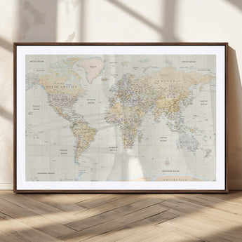 40660043-MGC-FP-36x24_Walnut-World Map Wall Art – Large Detailed Atlas Style Map Print with Countries, Cities, and Oceans, Neutral Beige and Tan Educational