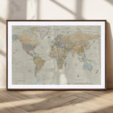 41929777-MGC-FP-36x24_Walnut-World Map Wall Art – Large Detailed Political Atlas Style Map Print with Countries, Cities, and Oceans, Warm Earth Tone