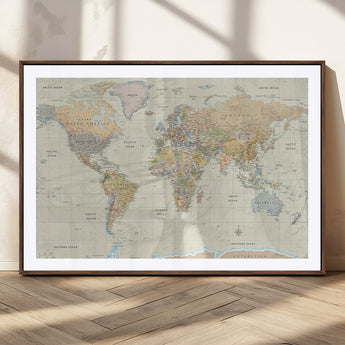 41929777-MGC-FP-36x24_Walnut-World Map Wall Art – Large Detailed Political Atlas Style Map Print with Countries, Cities, and Oceans, Warm Earth Tone