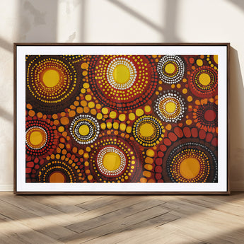 81120549-MGC-FP-36x24_Walnut-Abstract Dot Painting Wall Art – Vibrant Tribal Boho Style Canvas Print with Sunburst Mandala Circles in Warm Red, Yellow, Orange