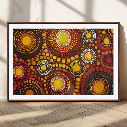 81120549-MGC-FP-36x24_Walnut-Abstract Dot Painting Wall Art – Vibrant Tribal Boho Style Canvas Print with Sunburst Mandala Circles in Warm Red, Yellow, Orange