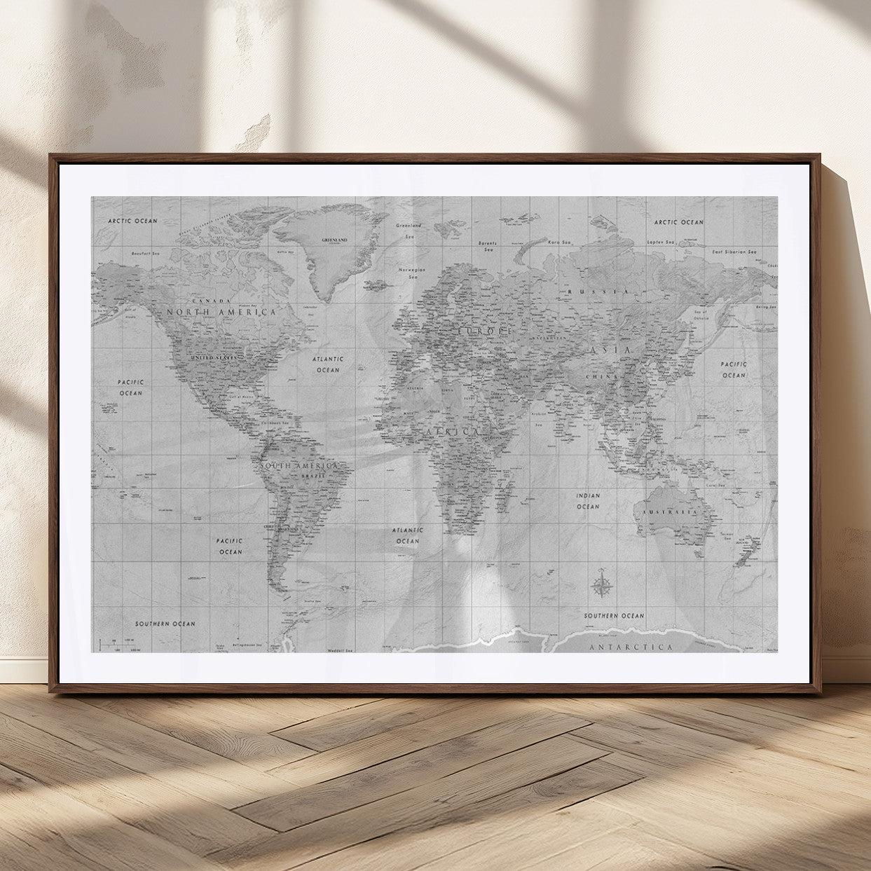 10516725-MGC-FP-36x24_Walnut-Black and White World Map Wall Art – Minimalist Grayscale Canvas Print – Modern Detailed Travel Map Poster for Home, Office, or