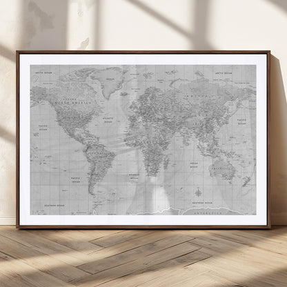 10516725-MGC-FP-36x24_Walnut-Black and White World Map Wall Art – Minimalist Grayscale Canvas Print – Modern Detailed Travel Map Poster for Home, Office, or