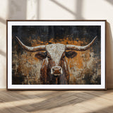 25265572-MGC-FP-36x24_Walnut-Longhorn Bull Wall Art – Rustic Western Texas Steer Canvas Print, Textured Animal Painting for Home, Office, Man Cave or Farmhouse