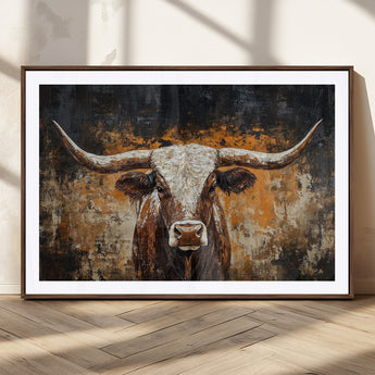 25265572-MGC-FP-36x24_Walnut-Longhorn Bull Wall Art – Rustic Western Texas Steer Canvas Print, Textured Animal Painting for Home, Office, Man Cave or Farmhouse