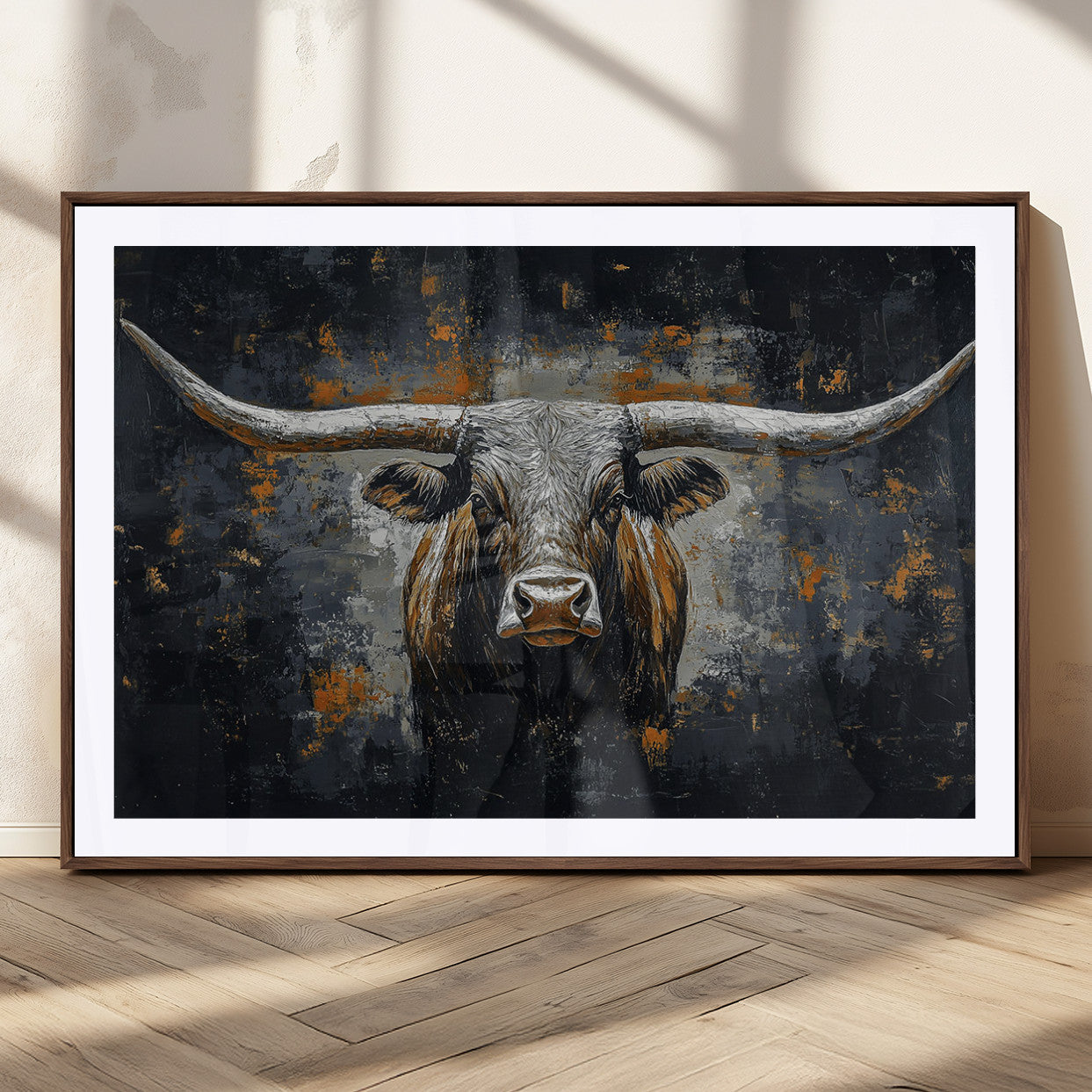 93195031-MGC-FP-36x24_Walnut-Dark Longhorn Bull Wall Art – Western Steer Canvas Print, Moody Rustic Animal Painting for Man Cave, Ranch House, Office or Modern
