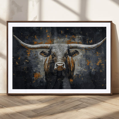 93195031-MGC-FP-36x24_Walnut-Dark Longhorn Bull Wall Art – Western Steer Canvas Print, Moody Rustic Animal Painting for Man Cave, Ranch House, Office or Modern