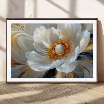 39604126-MGC-FP-36x24_Walnut-Abstract Flower Wall Art – Elegant White and Gold Bloom Canvas Print, Modern Floral Artwork for Bedroom, Living Room, or Office