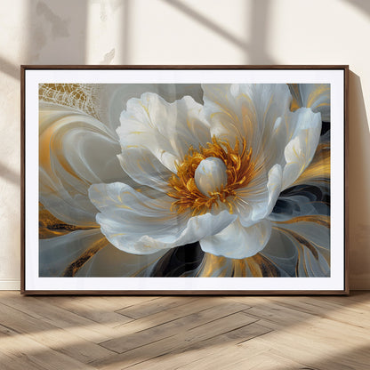 39604126-MGC-FP-36x24_Walnut-Abstract Flower Wall Art – Elegant White and Gold Bloom Canvas Print, Modern Floral Artwork for Bedroom, Living Room, or Office