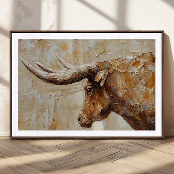 69611428-MGC-FP-36x24_Walnut-Longhorn Bull Wall Art – Rustic Western Canvas Print, Textured Farmhouse Cattle Painting for Living Room, Office, or Ranch House