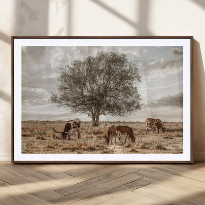 87590224-MGC-FP-36x24_Walnut-Longhorn Cattle Wall Art – Rustic Western Landscape Canvas Print, Texas Farmhouse Prairie Scene for Living Room, Office, or Ranch