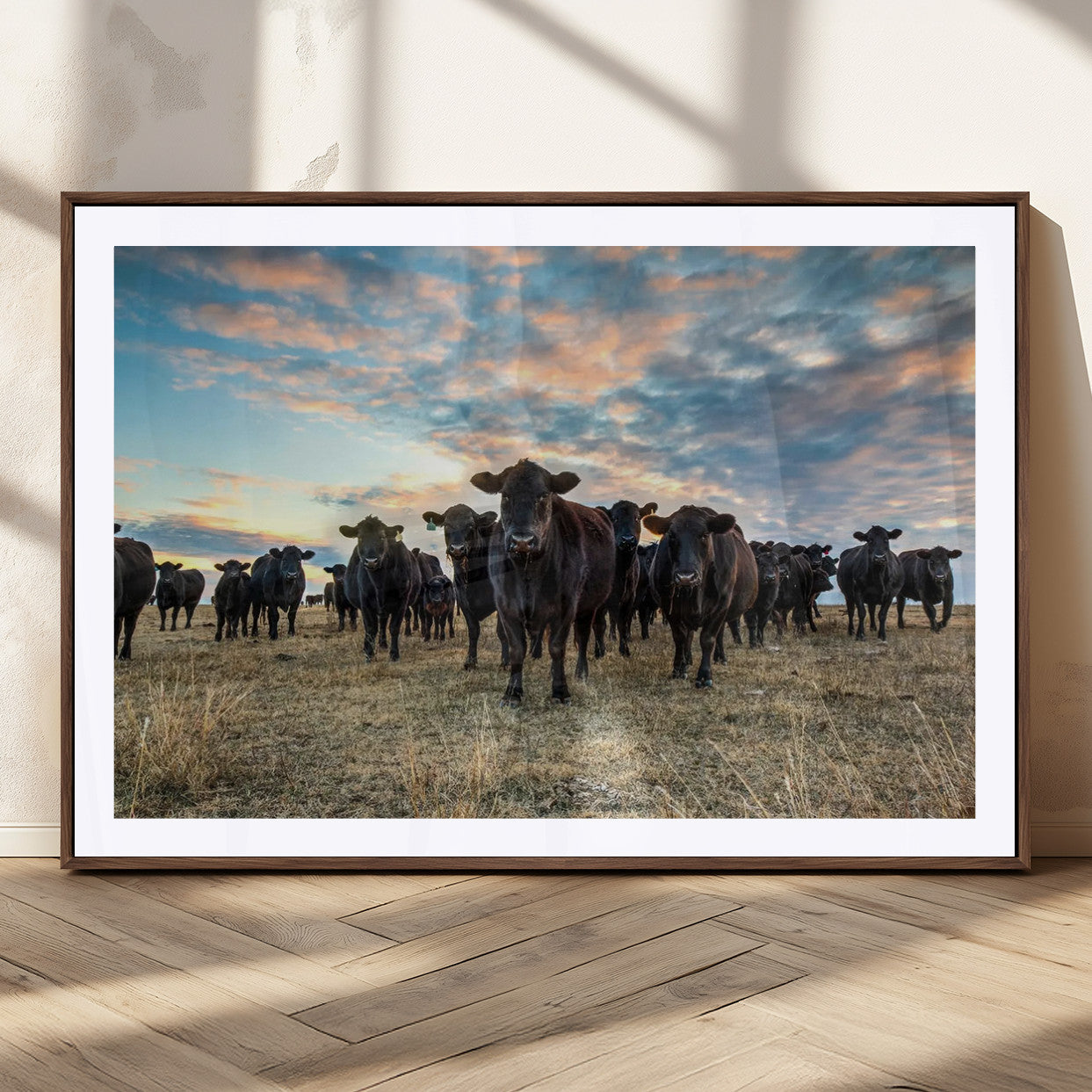 13867292-MGC-FP-36x24_Walnut-Black Cattle Wall Art – Rustic Ranch Herd Canvas Print, Western Farmhouse Country Landscape Decor for Living Room, Office, or