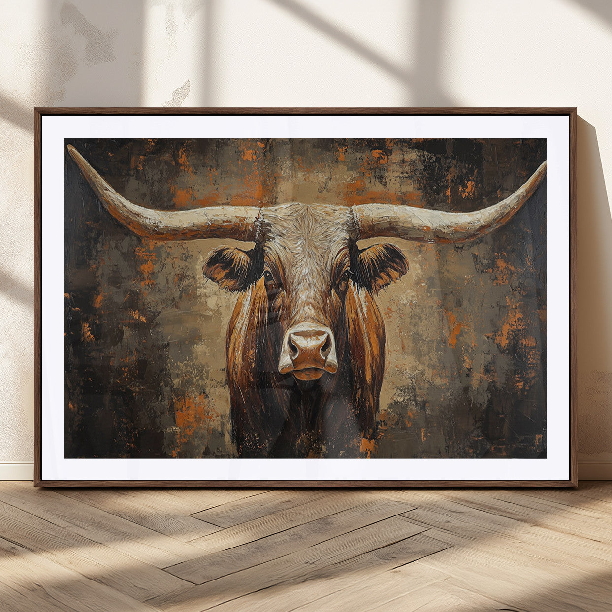 19204445-MGC-FP-36x24_Walnut-Texas Longhorn Bull Wall Art – Rustic Western Canvas Print, Bold Cowboy Cattle Painting for Ranch House, Farmhouse, Office, or