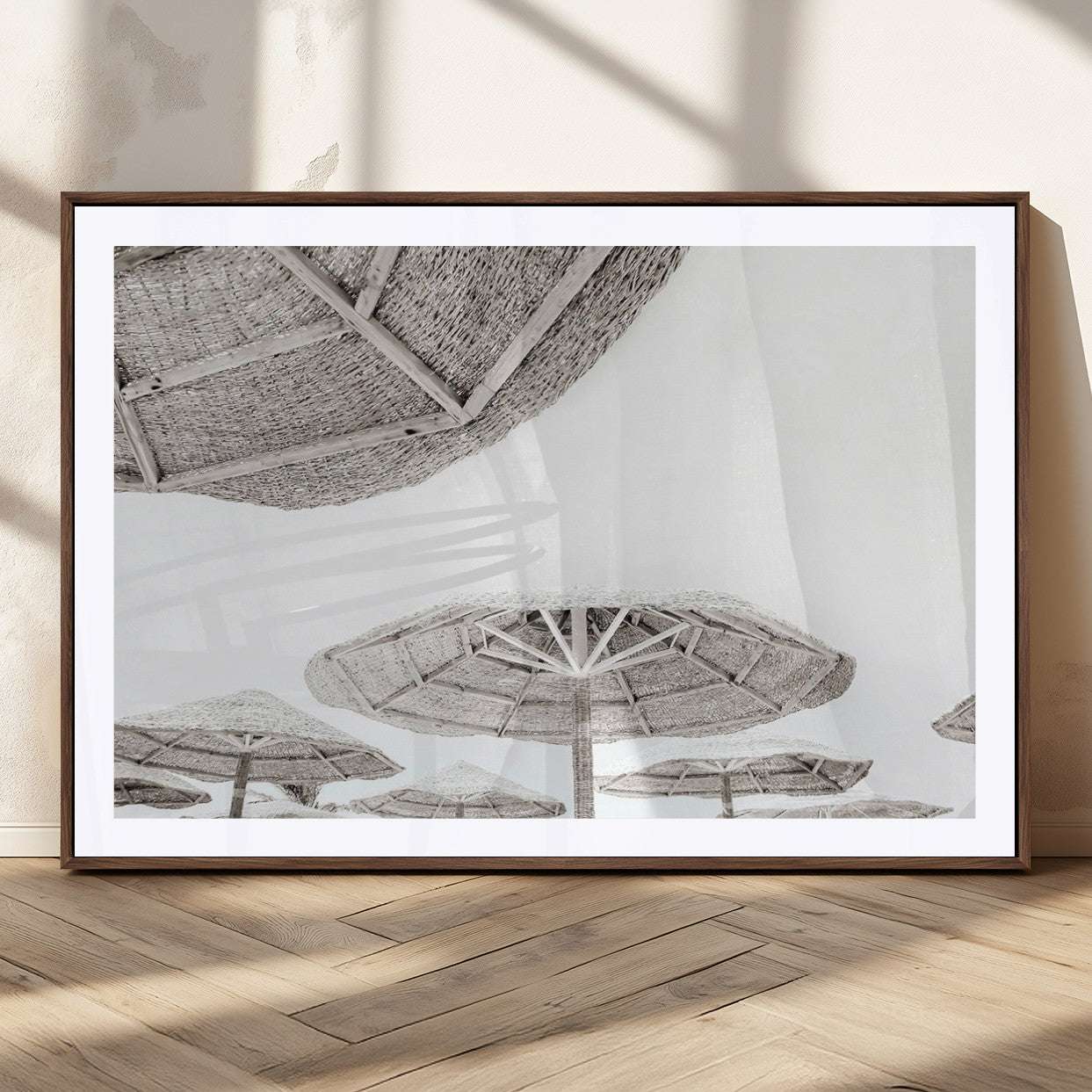 97043123-MGC-FP-36x24_Walnut-Beach Umbrella Wall Art – Minimalist Coastal Canvas Print, Woven Parasol Summer Decor for Bedroom, Living Room, or Modern Beach