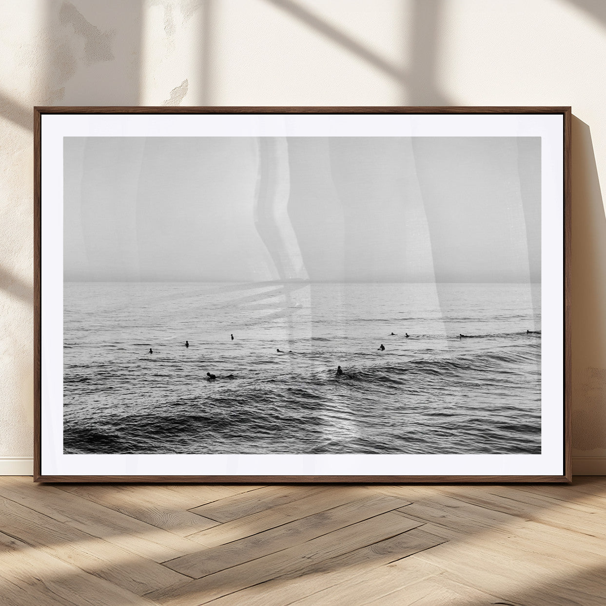47208268-MGC-FP-36x24_Walnut-Surfer Ocean Wall Art – Black and White Coastal Canvas Print, Minimalist Surfing Seascape Decor for Living Room, Bedroom, or Beach