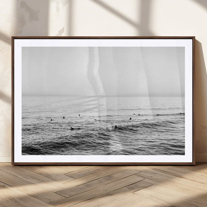 47208268-MGC-FP-36x24_Walnut-Surfer Ocean Wall Art – Black and White Coastal Canvas Print, Minimalist Surfing Seascape Decor for Living Room, Bedroom, or Beach