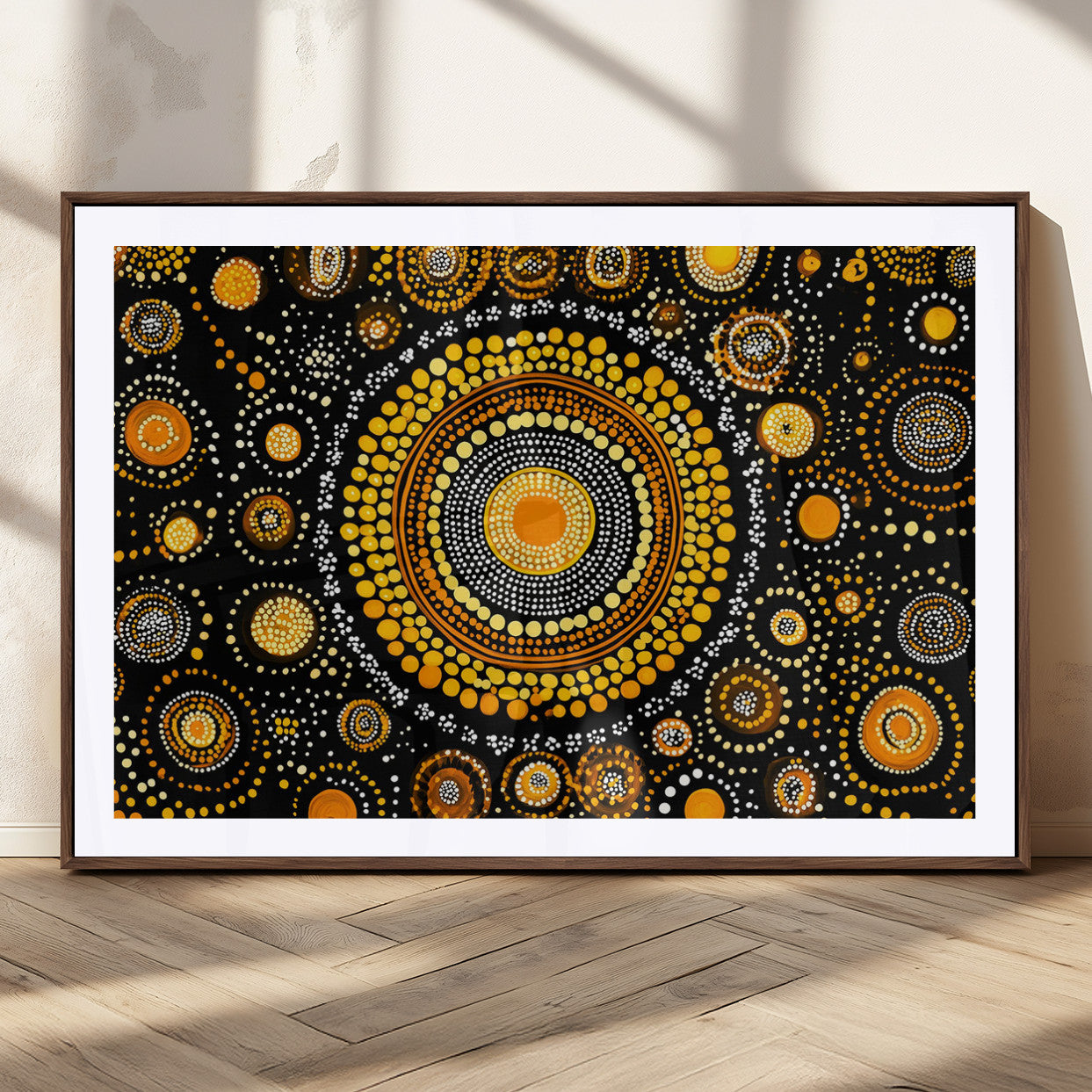 45478523-MGC-FP-36x24_Walnut-Abstract Circle Wall Art – Bold Black and Gold Dot Painting Canvas Print, Modern Geometric Mandala Style Decor for Living Room or