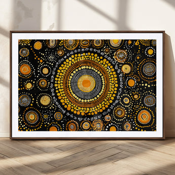 45478523-MGC-FP-36x24_Walnut-Abstract Circle Wall Art – Bold Black and Gold Dot Painting Canvas Print, Modern Geometric Mandala Style Decor for Living Room or