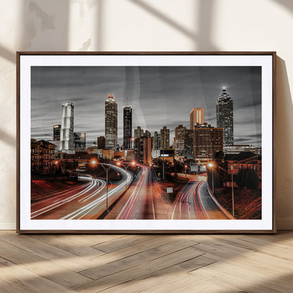 59097239-MGC-FP-36x24_Walnut-City Skyline Wall Art – Modern Black and White Night Canvas Print with Red Light Trails, Urban Landscape Decor for Living Room or