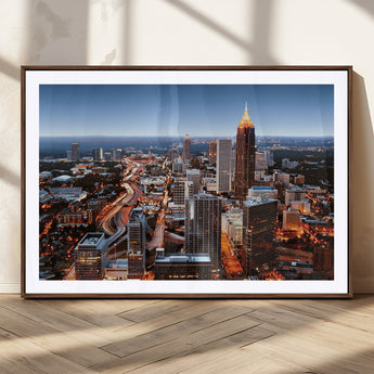 25096967-MGC-FP-36x24_Walnut-Atlanta Skyline Wall Art – Vibrant Cityscape Canvas Print, Modern Night Lights Urban Decor for Office, Living Room, or Apartment