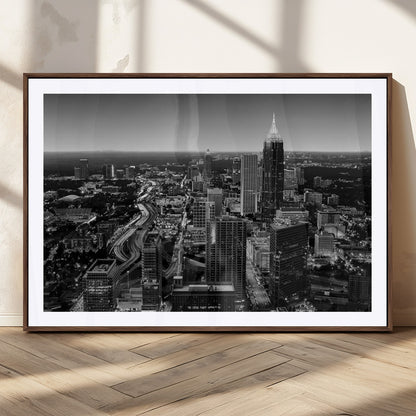 46578567-MGC-FP-36x24_Walnut-Atlanta Skyline Wall Art – Black and White Cityscape Canvas Print, Modern Urban Night Decor for Office, Living Room, or Apartment
