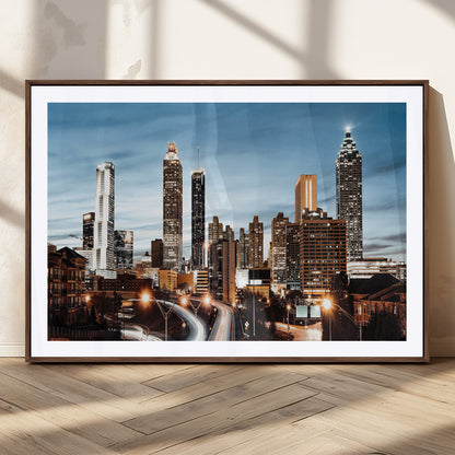 23859158-MGC-FP-36x24_Walnut-Atlanta Skyline Wall Art – Modern Cityscape Canvas Print with Night Lights and Traffic Trails, Urban Decor for Office, Apartment,