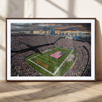 98106777-MGC-FP-36x24_Walnut-Soldier Field Wall Art – Chicago Bears Stadium Canvas Print with American Flag, Game Day Football Decor for Man Cave, Bar, or