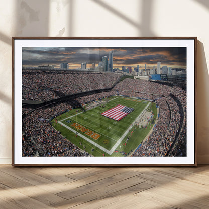 98106777-MGC-FP-36x24_Walnut-Soldier Field Wall Art – Chicago Bears Stadium Canvas Print with American Flag, Game Day Football Decor for Man Cave, Bar, or