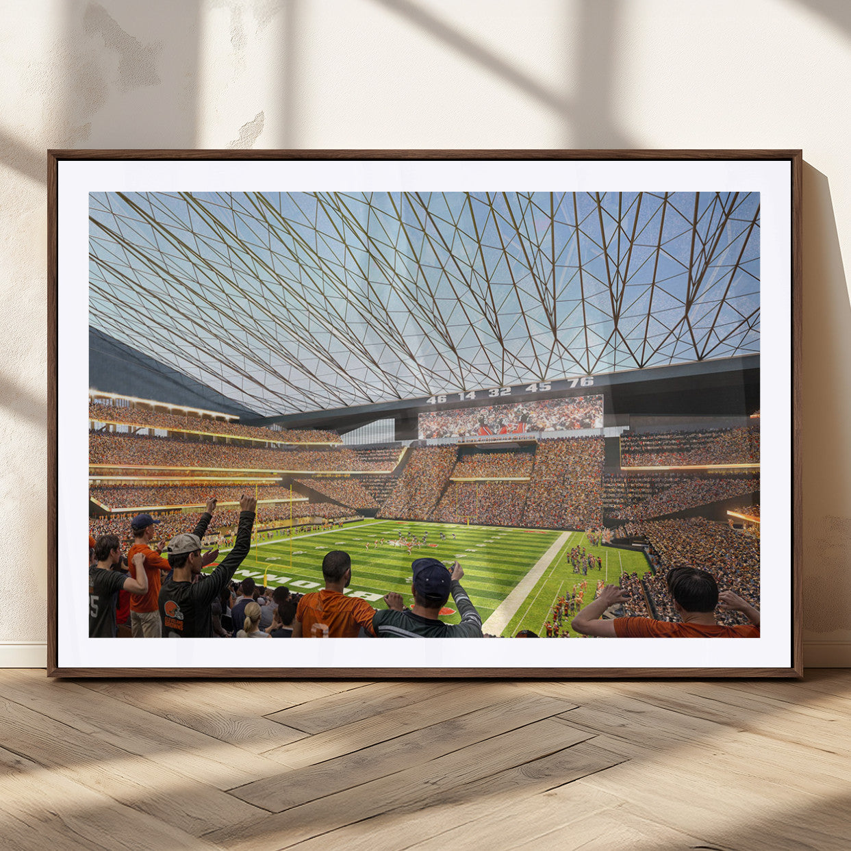 81960112-MGC-FP-36x24_Walnut-Futuristic Football Stadium Wall Art – Modern Dome Arena Canvas Print, Chicago Bears Concept Design Sports Decor for Man Cave or