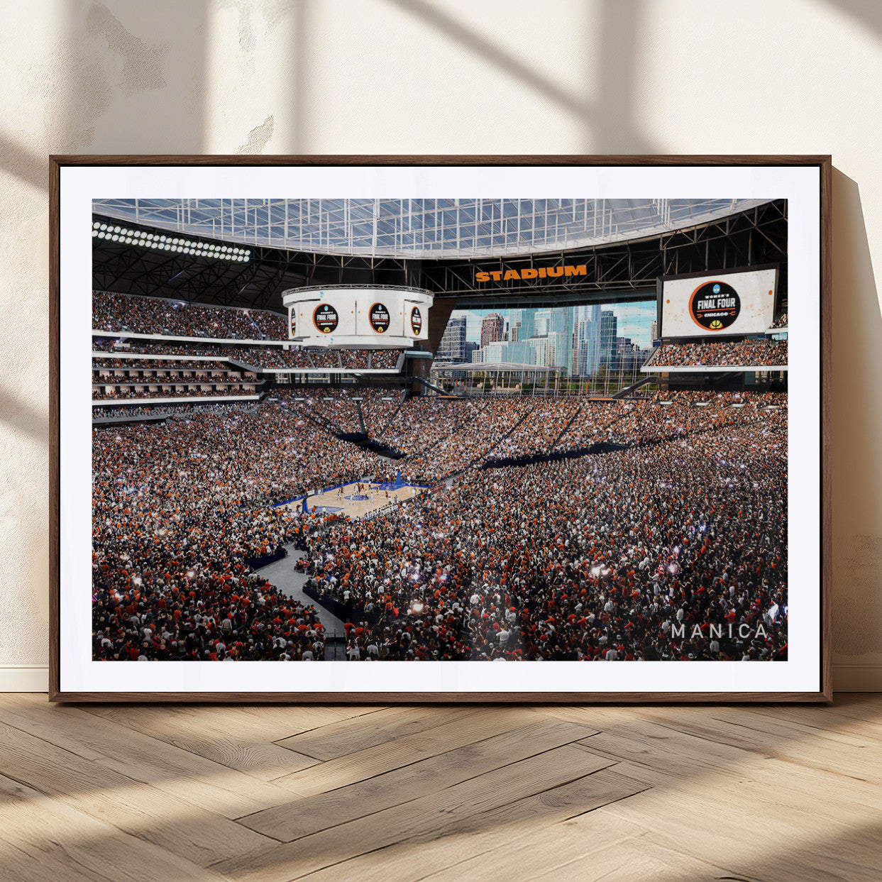 38616413-MGC-FP-36x24_Walnut-Chicago Dome Stadium Wall Art – Futuristic Basketball Final Four Arena Canvas Print, Modern Sports Fan Decor for Man Cave or