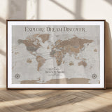 63516865-MGC-FP-36x24_Walnut-Explore Dream Discover World Map Wall Art – Inspirational Travel Adventure Canvas Print, Neutral Parchment Style Explorer Decor