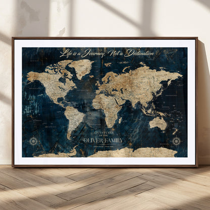 36970886-MGC-FP-36x24_Walnut-Life is a Journey Not a Destination World Map Rustic Navy Beige Vintage Travel Wall Art Adventure Quote Canvas Print for Home