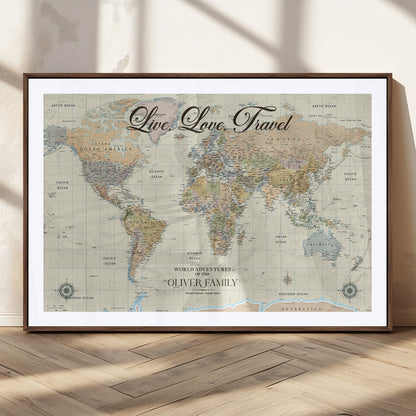 19479008-MGC-FP-36x24_Walnut-Live Love Travel Wall Art – Detailed World Map Canvas Print, Adventure Decor for Living Room, Office or Bedroom, Travel Gift for