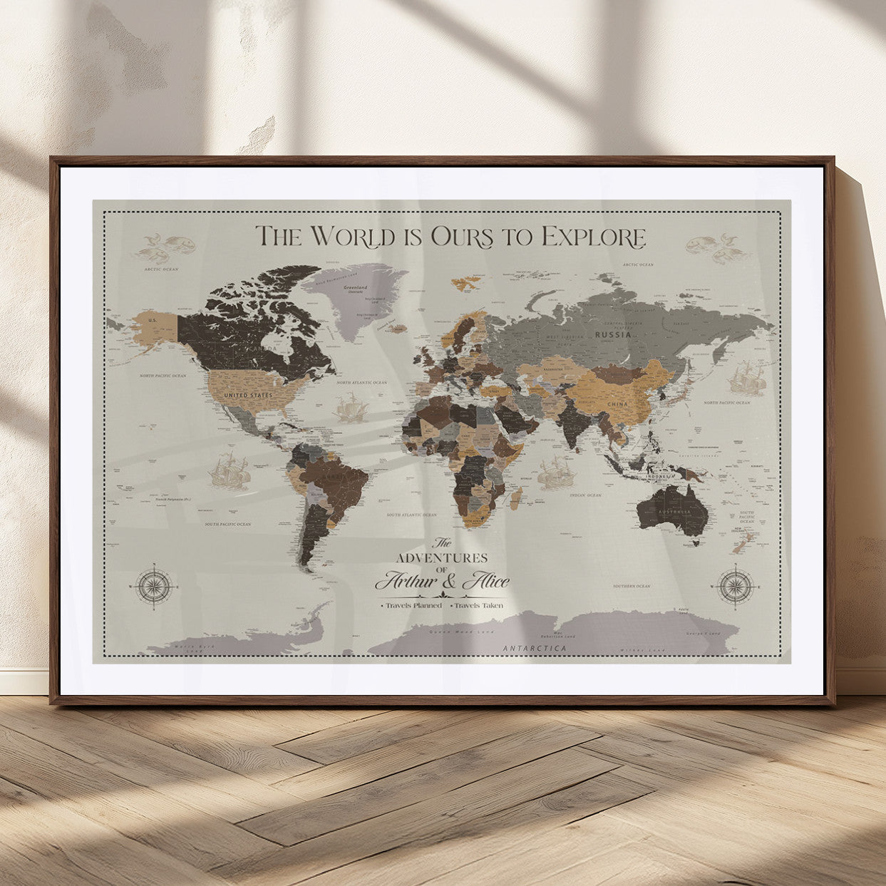 90024882-MGC-FP-36x24_Walnut-The World is Ours to Explore Wall Art – Earth Tone World Map Canvas Print, Adventure Travel Decor for Living Room, Office or