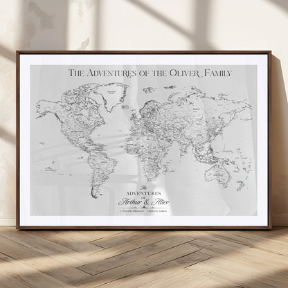 21029247-MGC-FP-36x24_Walnut-Minimalist World Map Wall Art – Black and White Travel Adventure Print, Modern Family Travel Map Decor for Living Room, Bedroom,