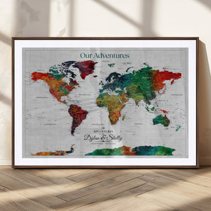 50035254-MGC-FP-36x24_Walnut-Personalized Colorful Push Pin World Map Canvas – Custom Framed Travel Tracker Wall Art with Pins, Unique Adventure Decor for Home, Office