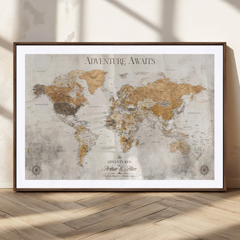 99422096-MGC-FP-36x24_Walnut-Adventure Awaits World Map Wall Art – Neutral Beige Canvas Print, Modern Travel Inspired Wall Decor for Living Room, Bedroom or