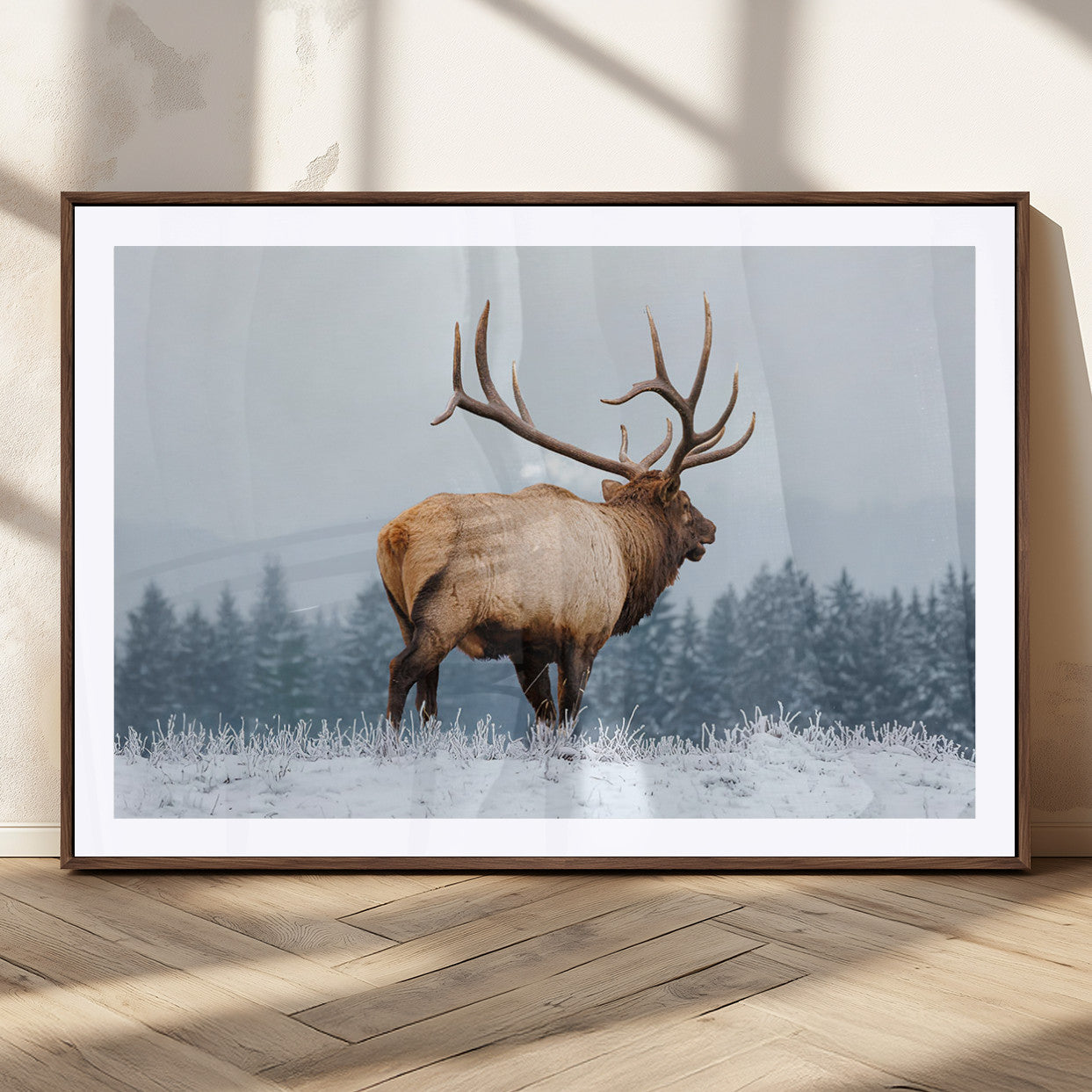 85177251-MGC-FP-36x24_Walnut-Elk Wall Art – Majestic Wildlife Canvas Print of Bull Elk Snowy Forest, Rustic Nature Decor for Living Room, Cabin, or Office