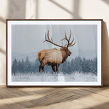 85177251-MGC-FP-36x24_Walnut-Elk Wall Art – Majestic Wildlife Canvas Print of Bull Elk Snowy Forest, Rustic Nature Decor for Living Room, Cabin, or Office